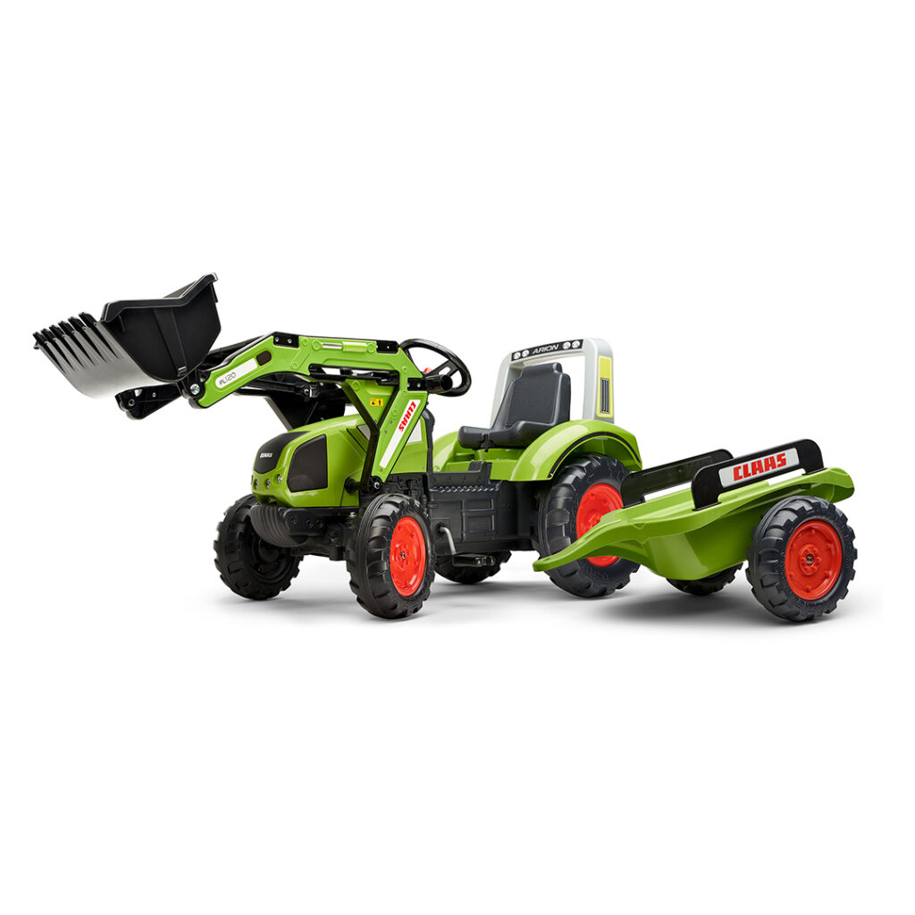 Tractor de pedales Claas Arion 430 con pala y remolque