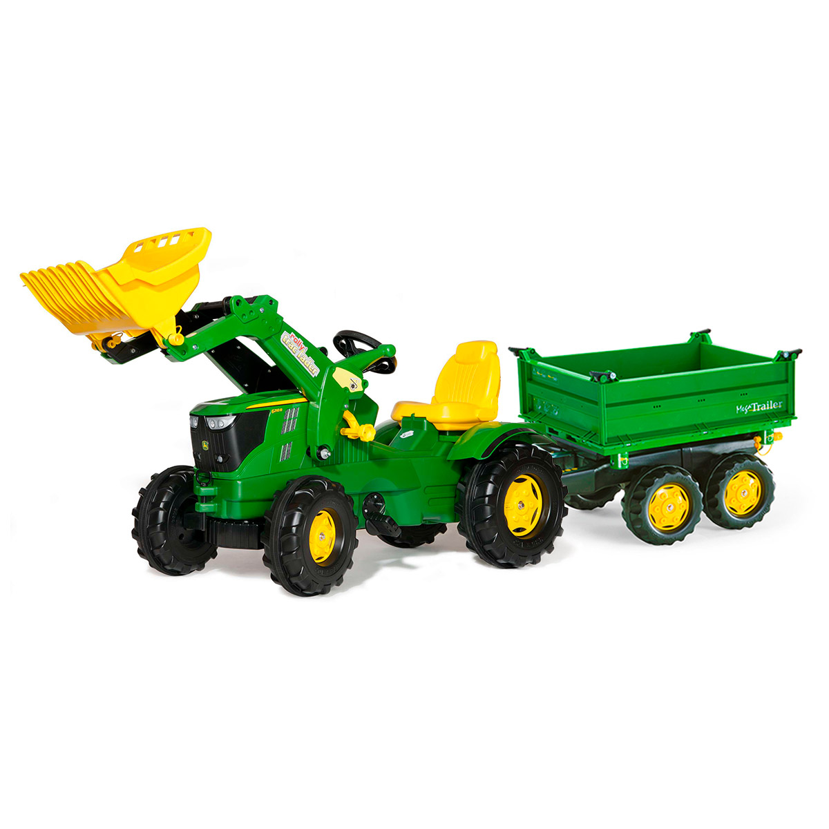 Tractor de Pedales rollyFarmtrac John Deere 6210R con pala y Remolque de 2 Ejes | Rolly Toys