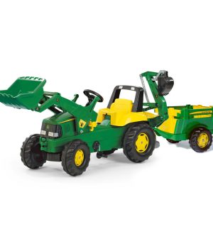Tractor de Pedales rollyJunior John Deere con pala, excavadora y remolque de 1 eje | Rolly Toys