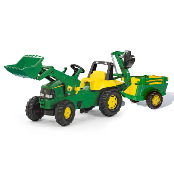 Tractor de Pedales rollyJunior John Deere con pala, excavadora y remolque de 1 eje | Rolly Toys